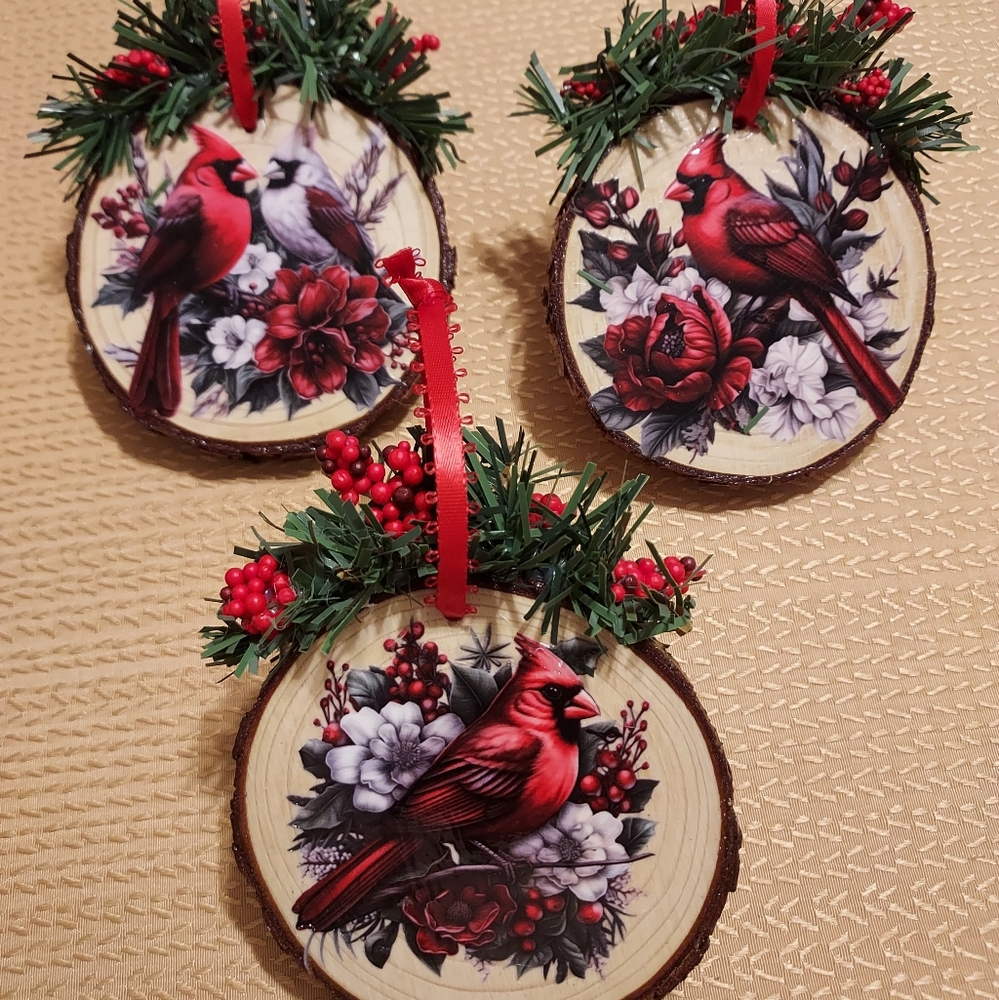 Cardinal Christmas Ornaments - Set of 3, Handcrafted On Wood Slice